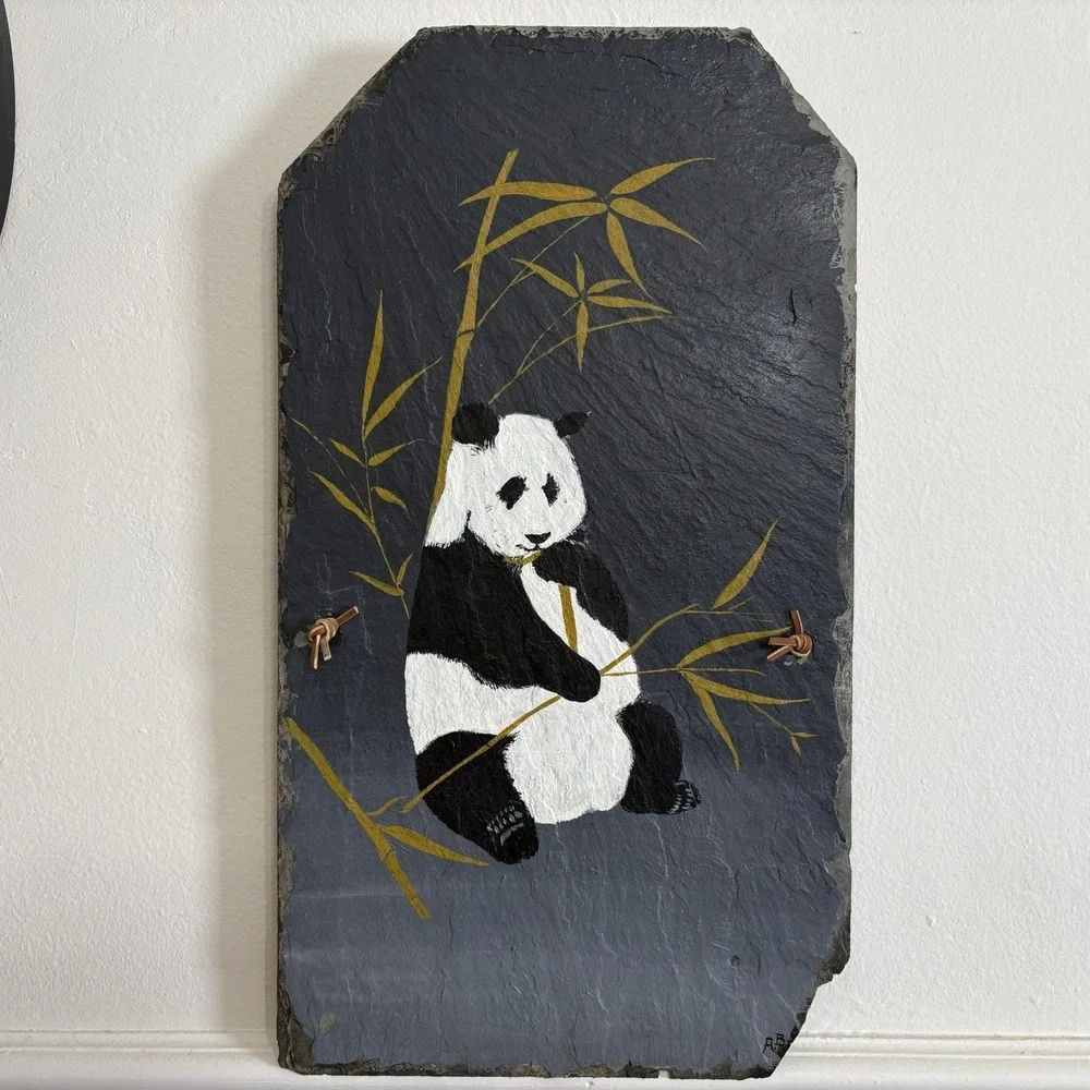 Vtg Stone Slate Hand Painted Panda Bear Bamboo Hanging Wall Decor 20